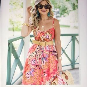 J.CREW Cotton pink/orange print Spaghetti strap  Button front dress Size 6